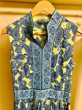 Vintage Maxi Dress Parkshire Sleeveless Paisley V-Neck Women's in Yellow & Blue